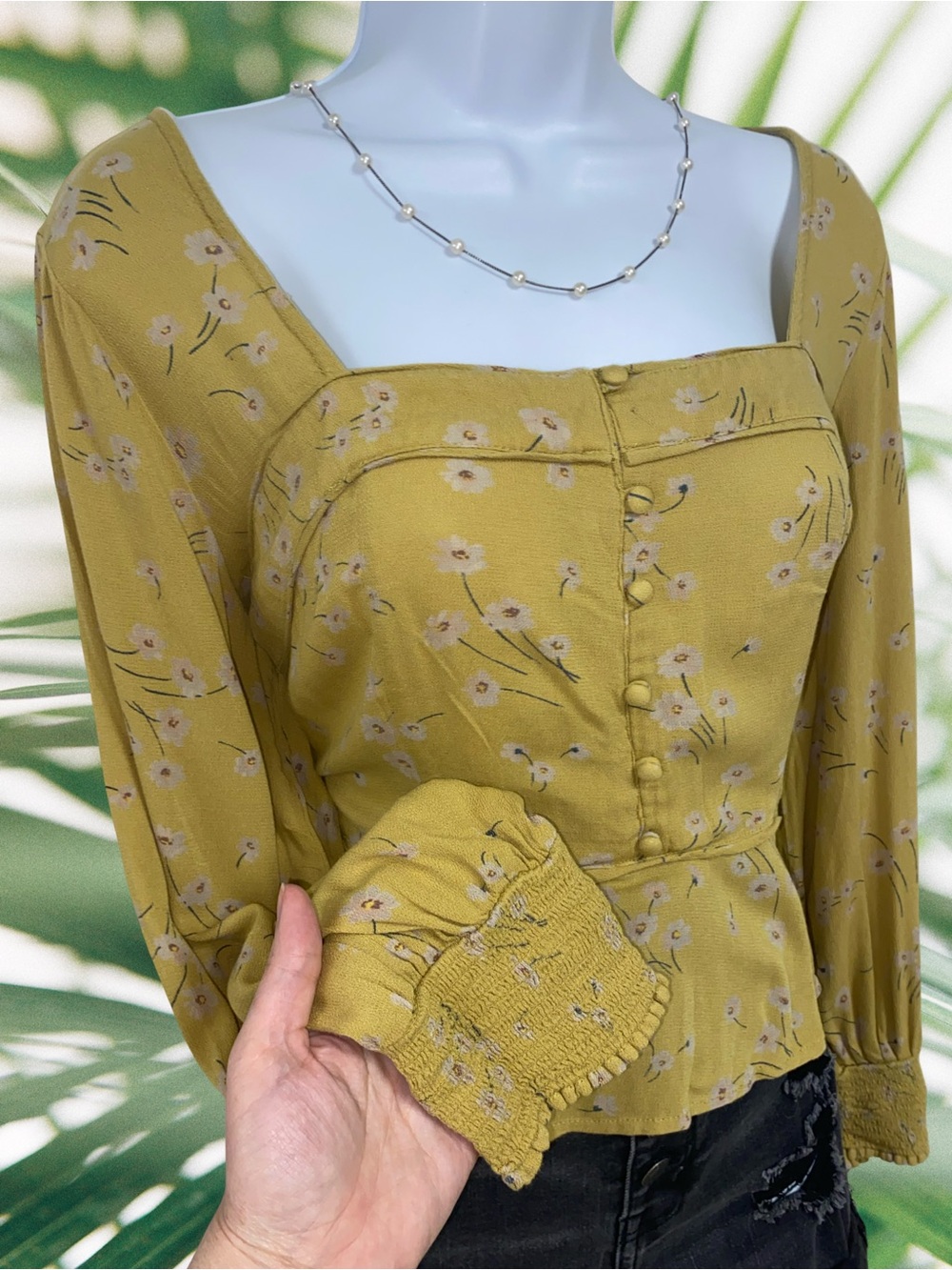 American Eagle Outfitters Mustard Floral Square-Neck Smocked Peplum Blouse, L